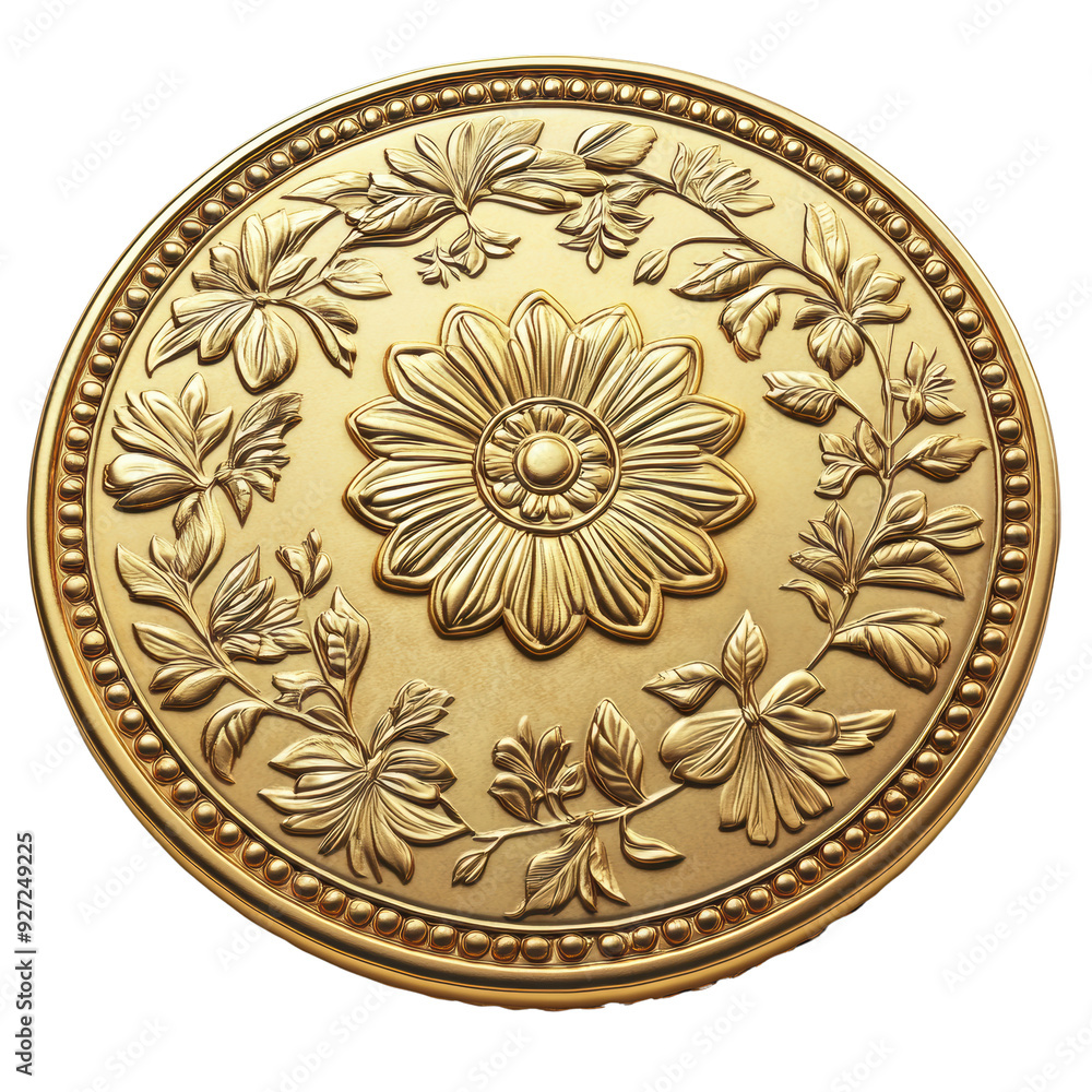 Obraz premium A decorative gold medallion featuring intricate floral patterns and a central flower design, exuding elegance and artistry
