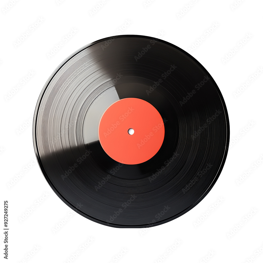 Obraz premium A classic vinyl record featuring a red label in the center, showcasing its grooves and glossy surface, evoking nostalgia for music lovers