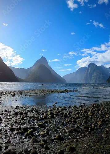 Views of the Mitre Peak at The Milford Sound, Southland, New Zealand photo