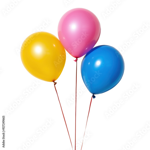 Three colorful balloons in yellow, pink, and blue with shiny surfaces, tied together with red strings, creating a festive and cheerful atmosphere