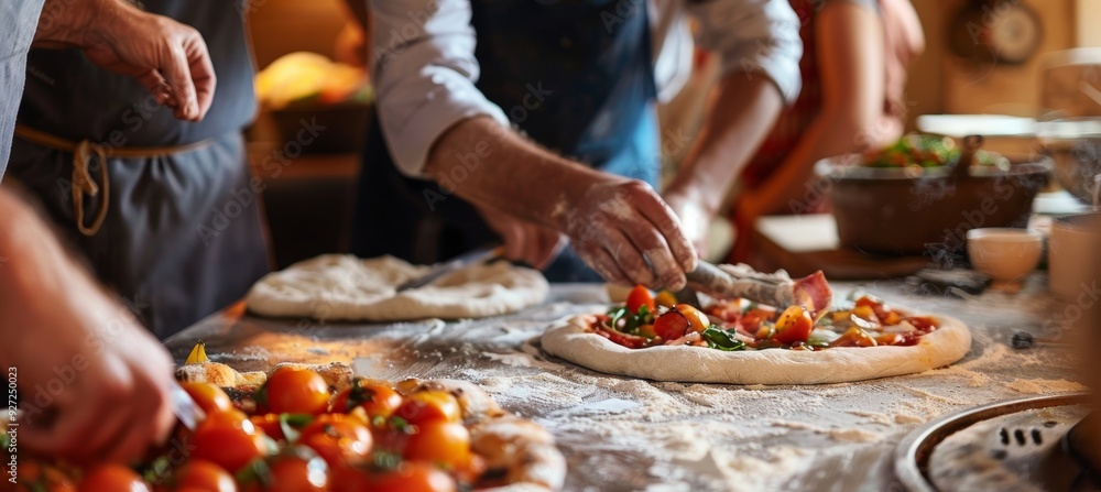 Middle Aged Friends Enjoying a Cooking Class, Creating Gourmet Pizzas in a Rustic Kitchen Middle Aged Friends Enjoying a Cooking Class, Creating Gourmet Pizzas in a Rustic Kitchen