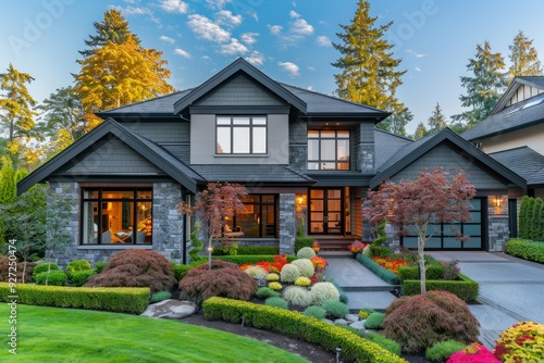 A modern grey house with stone accents and lush landscaping features a large front yard, a walkway leading to the front door, and a spacious driveway