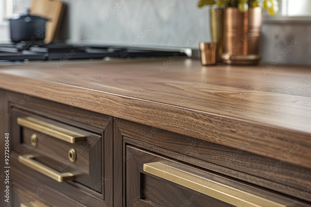 Close-up of a wood grain kitchen countertop with brass pull and blurred stovetop in the background Close-up of a wood grain kitchen countertop with brass pull and blurred stovetop in the background