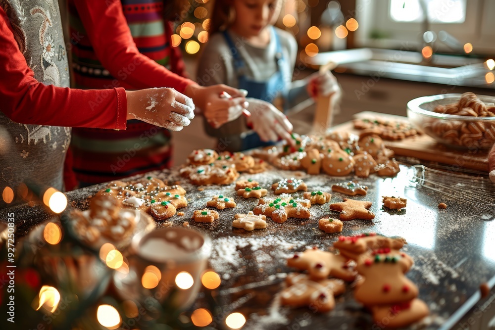 Festive Christmas Baking Scene With Family Decorating Cookies in Cozy Home Kitchen Festive Christmas Baking Scene With Family Decorating Cookies in Cozy Home Kitchen