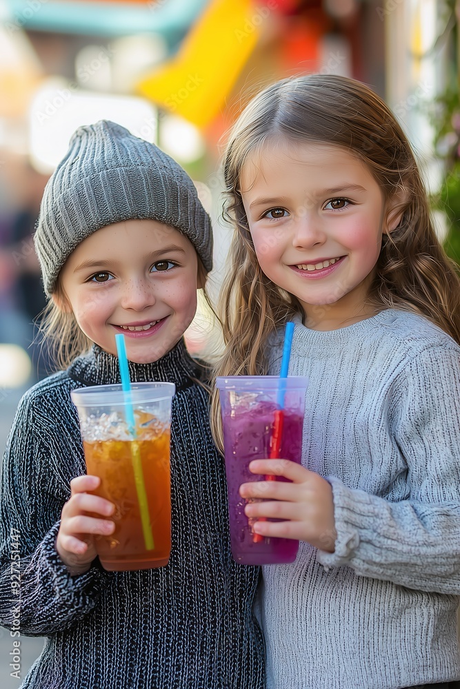 Two young girls enjoying colorful drinks on a sunny day, smiling at the camera while holding their beverages.