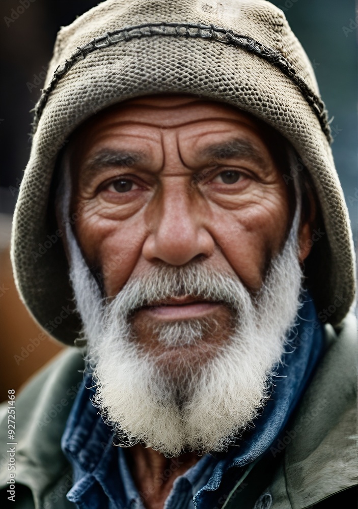 An elderly man with a wrinkled face and unkempt beard. An elderly man with a wrinkled face and unkempt beard.