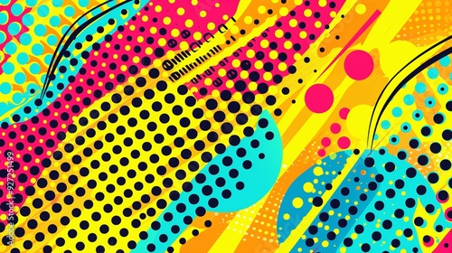 A vibrant pattern with large, colorful dots on a bright yellow background, mimicking the classic retro comic book style. photo