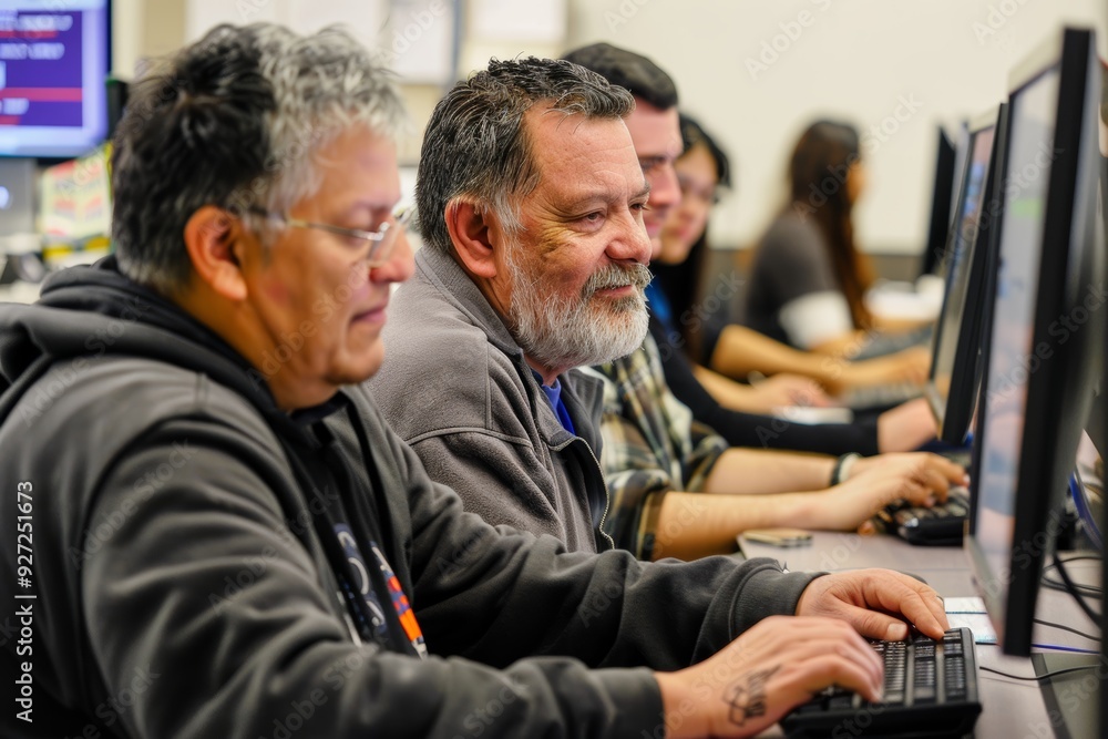 Adult Learners Engaged in Evening IT Class with Instructor Assistance in Modern Classroom Adult Learners Engaged in Evening IT Class with Instructor Assistance in Modern Classroom