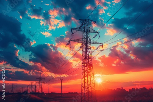 Power lines stretch across a field against a vibrant sunset sky