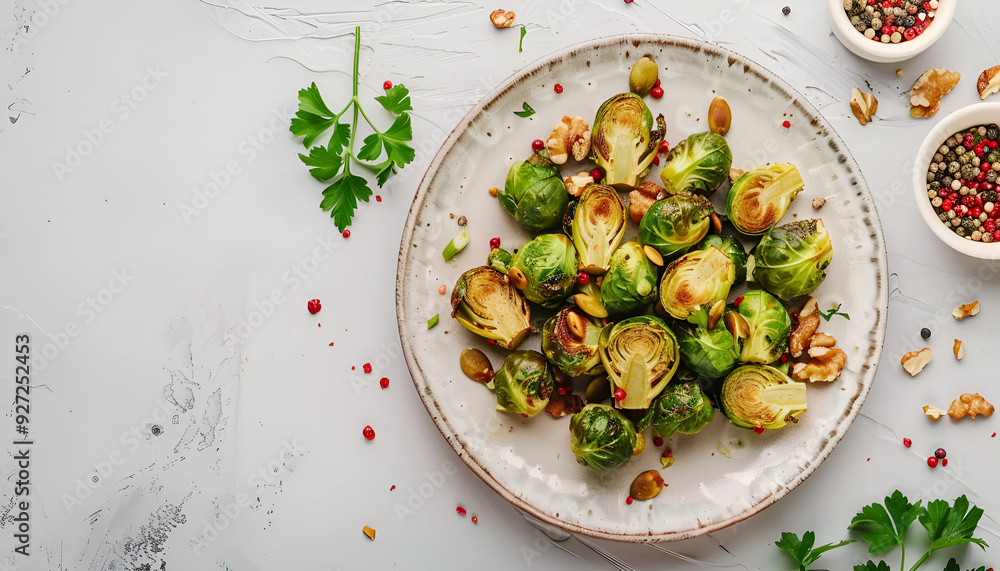 Plate with baked Brussels sprouts, pepper and nuts on table Plate with baked Brussels sprouts, pepper and nuts on table