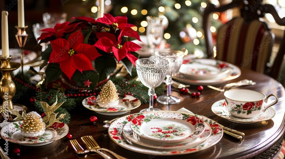 Elegant Christmas Brunch Table Setting with Poinsettia Centerpiece and Holiday Decorations Elegant Christmas Brunch Table Setting with Poinsettia Centerpiece and Holiday Decorations