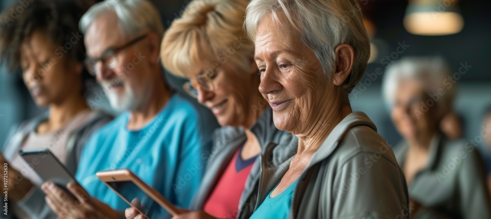 Fototapeta premium Senior Fitness Class: Older Adults Learning to Use Fitness Apps at a Community Center