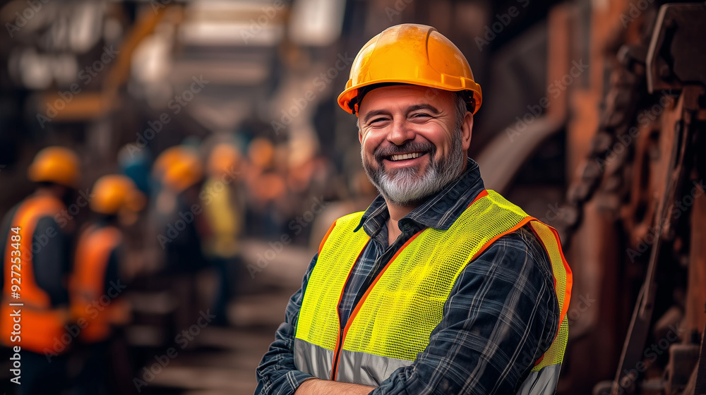 Portrait of a Smiling Middle-Aged Worker in Hard Hat and Reflective Vest Standing at a Steel Mill with a Blurred Crowd of Workers in the Background, High-Contrast Color Grading Highlighting Facial Tex Portrait of a Smiling Middle-Aged Worker in Hard Hat and Reflective Vest Standing at a Steel Mill with a Blurred Crowd of Workers in the Background, High-Contrast Color Grading Highlighting Facial Tex