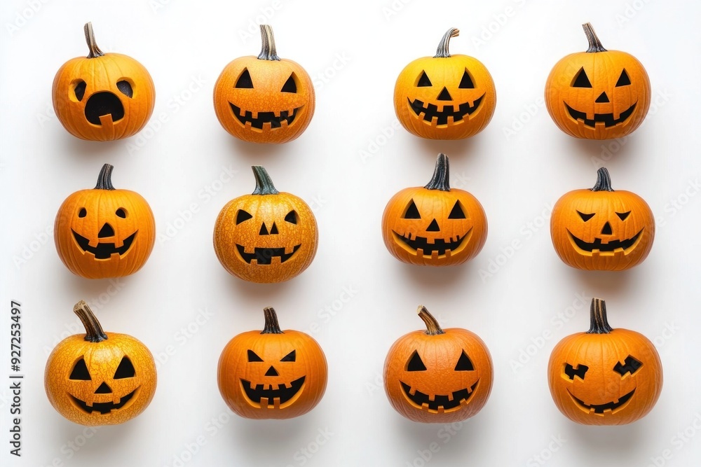 Twelve jack o lantern pumpkins forming a grid on white background for halloween Twelve jack o lantern pumpkins forming a grid on white background for halloween