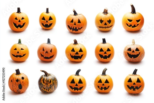 Fifteen jack-o'-lanterns with carved faces showing different expressions are lying on a white background