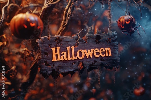 Halloween wooden sign hanging from spooky tree with glowing pumpkins photo