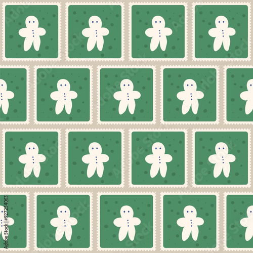 Gingerbread man cookies quilted seamless pattern. Winter holiday food repeat background. Happy New Yea patchwork endless design. Vector hand drawn flat illustration.