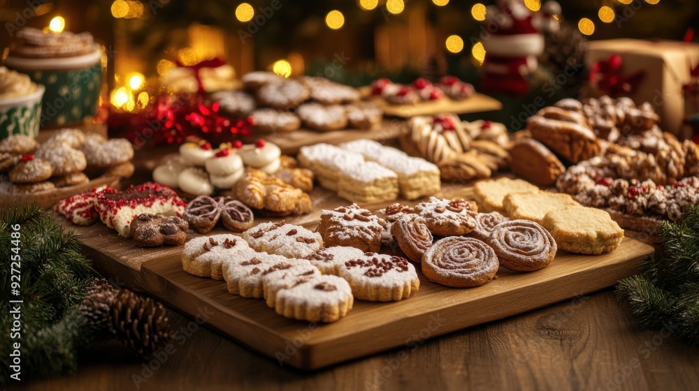 A festive display of Christmas cookies and treats on a wooden table. A festive display of Christmas cookies and treats on a wooden table.