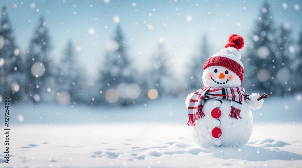 Striped scarf & hat adorned snowman smiles in falling snowflakes Striped scarf & hat adorned snowman smiles in falling snowflakes