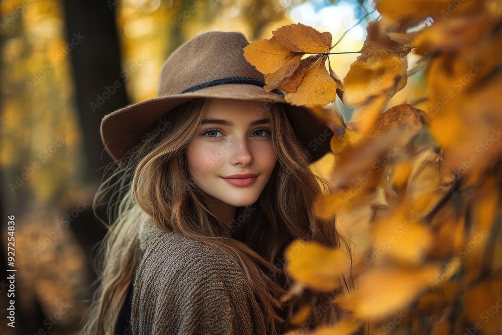 Beautiful young woman posing in autumn forest Beautiful young woman posing in autumn forest