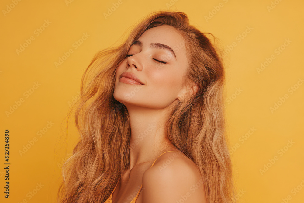 A close up of a woman's face with her eyes closed and long blond hair A close up of a woman's face with her eyes closed and long blond hair