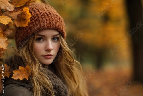 Beautiful young woman posing in autumn forest