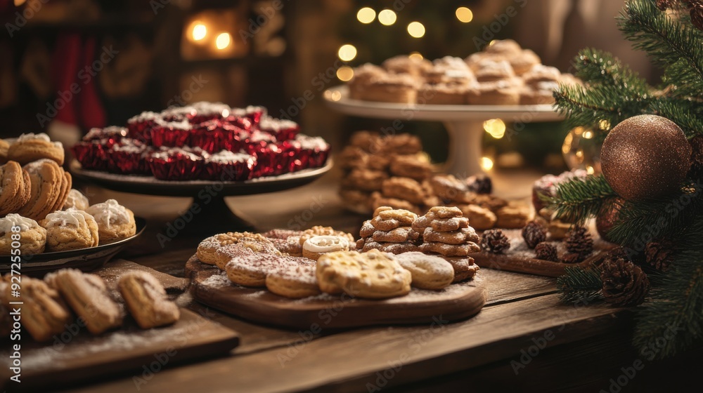Fototapeta premium A festive display of Christmas cookies and treats on a wooden table.