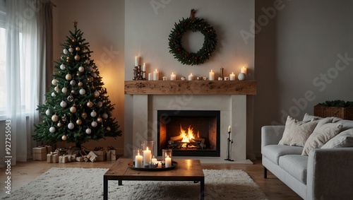  Interior of light living room with fireplace, Christmas tree and advent