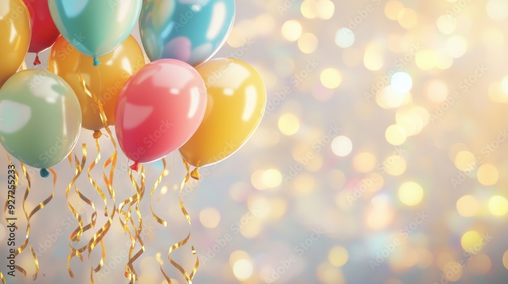 Celebration Balloons: A joyful cluster of colorful balloons with white polka dots and gold ribbons, floating against a sparkly bokeh background. The image evokes a sense of fun, festivity Celebration Balloons: A joyful cluster of colorful balloons with white polka dots and gold ribbons, floating against a sparkly bokeh background. The image evokes a sense of fun, festivity
