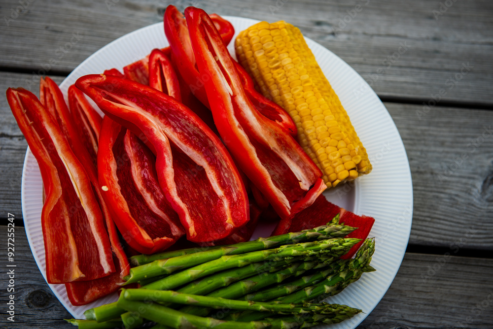 Paprika, corn cob, asparagus for grill. Vegetables prepared for grill Paprika, corn cob, asparagus for grill. Vegetables prepared for grill