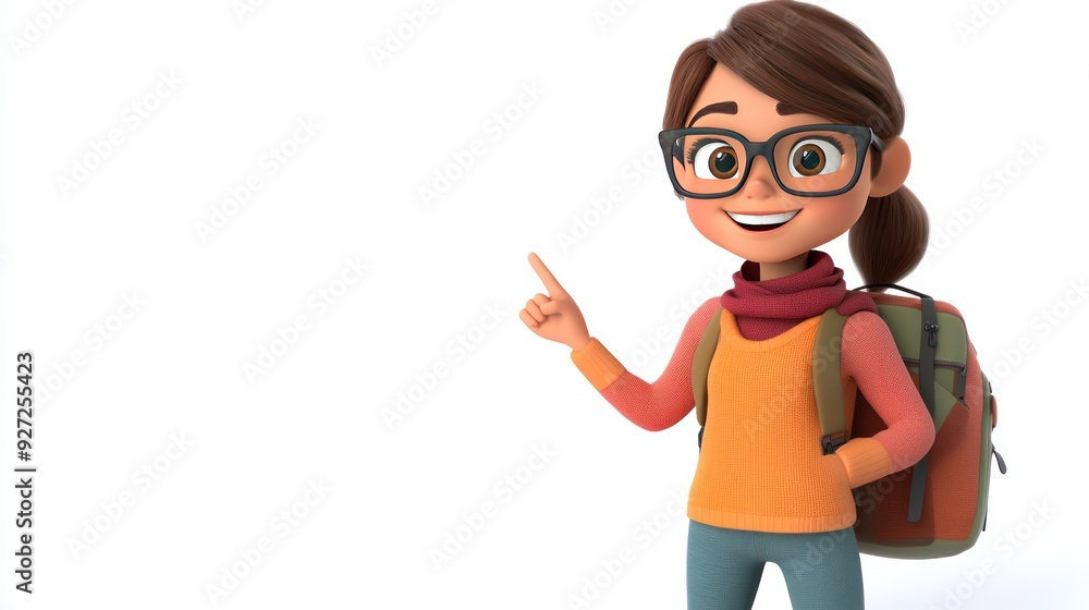 3D cartoon girl wearing glasses and a backpack, pointing up to the right. 3D cartoon girl wearing glasses and a backpack, pointing up to the right.