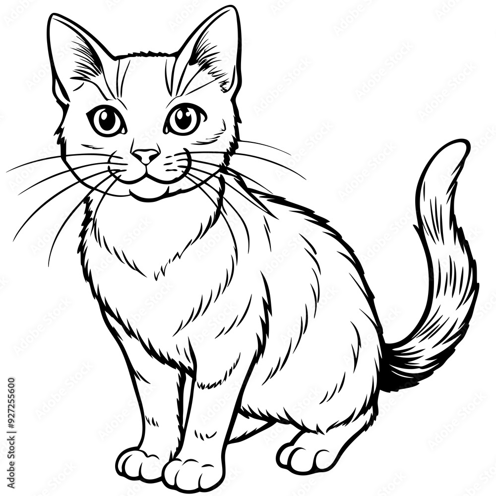 a black and white line drawing of a cat. The cat is sitting with its front paws together and its tail curled around its body. It has a friendly expression with large, round eyes, a small nose a black and white line drawing of a cat. The cat is sitting with its front paws together and its tail curled around its body. It has a friendly expression with large, round eyes, a small nose