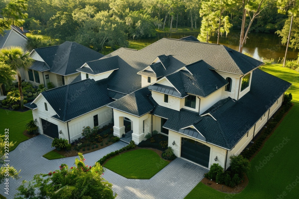 Beautiful Roof. Aerial View of New Shingle Roof on Large Home with Lush Lawn Beautiful Roof. Aerial View of New Shingle Roof on Large Home with Lush Lawn