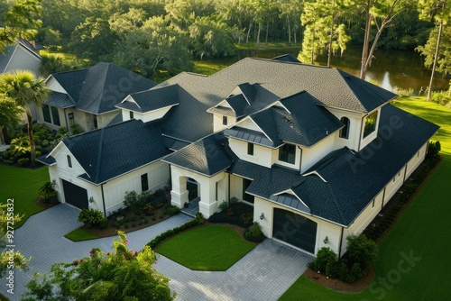 Beautiful Roof. Aerial View of New Shingle Roof on Large Home with Lush Lawn