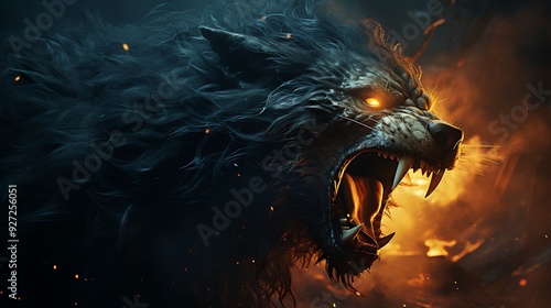 Wolf with its mouth open and teeth bared, surrounded by fire background AI Generated