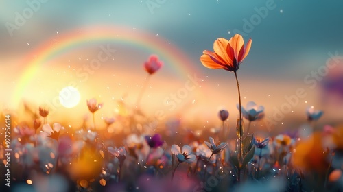 A field of blossoming flowers with a flaming rainbow arching over it to brighten the vivid colors