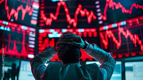 A man in a white shirt sits in front of multiple monitors displaying red stock market data, looking defeated with his hands on his head.