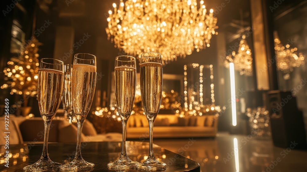 Obraz premium A luxurious party setup with golden decorations, a chandelier, and elegant champagne flutes.