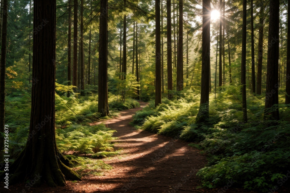 Naklejka premium Sun rays filtering through tall trees onto a tranquil woodland trail