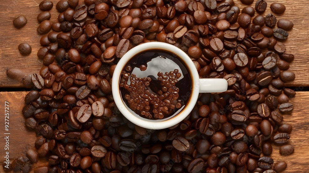 A wooden cup filled to the brim with freshly roasted coffee beans that are rich, dark brown in color. A wooden cup filled to the brim with freshly roasted coffee beans that are rich, dark brown in color.