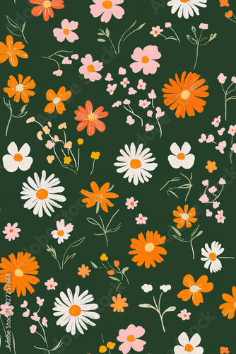 Colorful floral pattern with orange, white, and pink flowers on a dark green background.