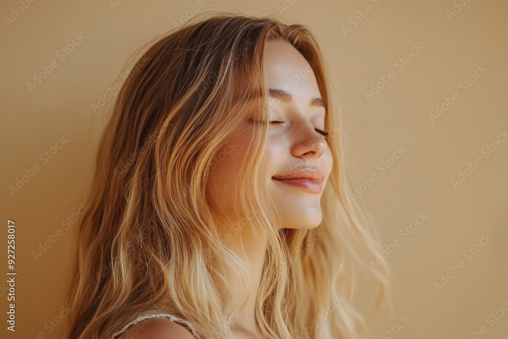 A close up of a woman's face with her eyes closed and long blond hair A close up of a woman's face with her eyes closed and long blond hair