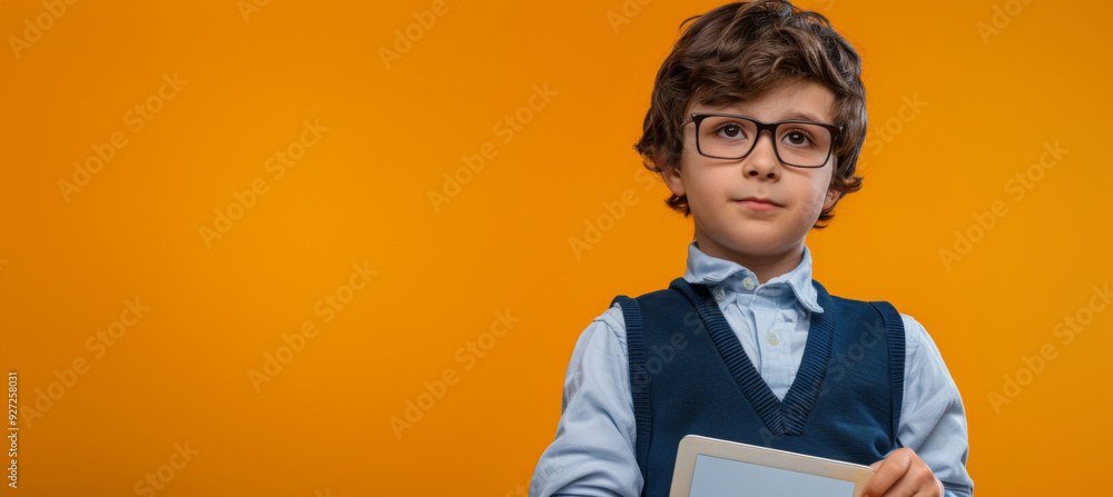 Schoolboy in Blue Vest Holding Tablet Against Orange Background for Technology Education Concept Schoolboy in Blue Vest Holding Tablet Against Orange Background for Technology Education Concept