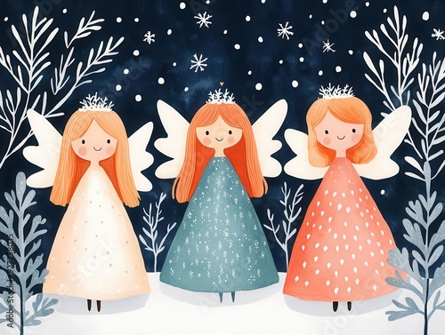 Charming illustration of three fairy characters in colorful dresses, surrounded by winter-themed elements and falling snowflakes.