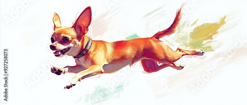 A cute chihuahua dog leaping mid-air with a happy expression on its face. photo