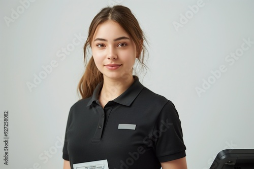 Young woman wearing a black polo shirt and a name tag, smiling at the camera.