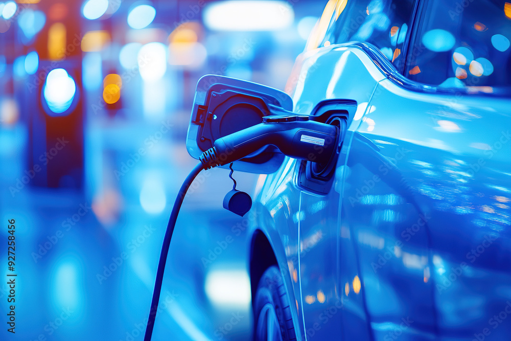 标题: Close-up view of an electric vehicle charging at a modern charging station with a power point, showcasing advanced technology and industry innovation in a blue-toned setting. The image highlights 标题: Close-up view of an electric vehicle charging at a modern charging station with a power point, showcasing advanced technology and industry innovation in a blue-toned setting. The image highlights