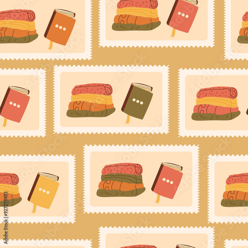 Cozy reading checked seamless pattern. Bento box stack of warm clothes and book repeat background. Cold season retro stamps endless design. Good enough concept. Vector hand drawn illustration.