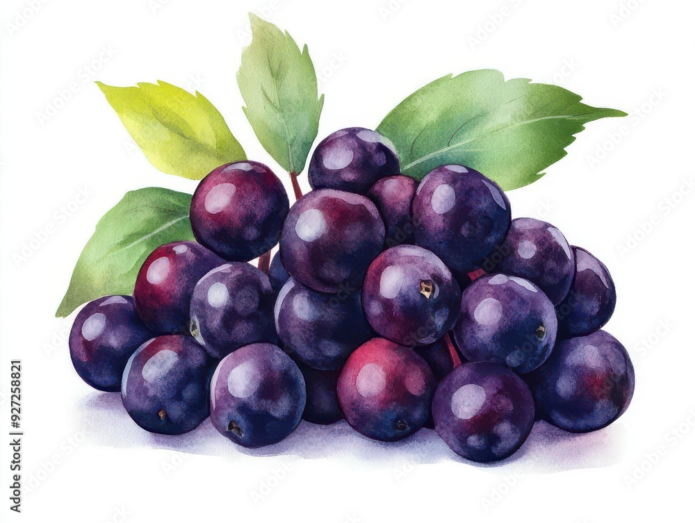 Fototapeta premium A vibrant cluster of fresh, juicy grapes adorned with green leaves, perfect for health and culinary themes.