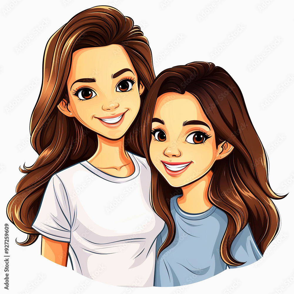Portrait of two smiling women with long brown hair Portrait of two smiling women with long brown hair